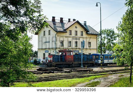 Dobris, Czech Republic - September 11, 2011. Train Station With Cargo Train