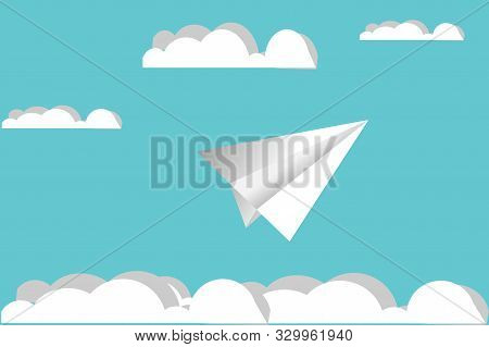 Paper Plane On Blue Sky And Cloud Background.