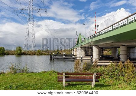 Dutch Summer Landscape With Steel Bridge Over River Vecht Near Amsterdam
