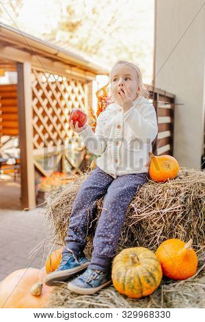 Adorable Smiling Caucasian Baby Toddler In White Knittes Jacket Sitting On The Haystack With Pumpkin