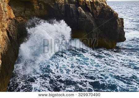 Huge Waves Crash On Cloudy Day. Kemmuna Island