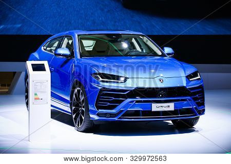 Frankfurt Am Main, Germany - September 17, 2019: Blue Luxury Crossover Supercar Lamborghini Urus At 