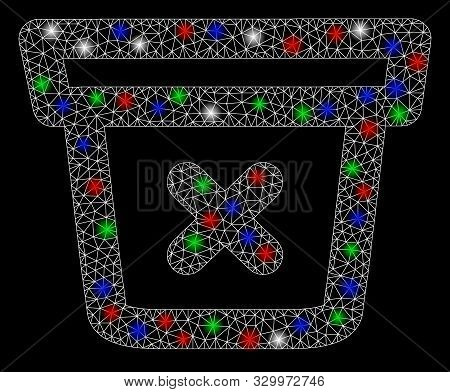 Bright Mesh Remove Data With Lightspot Effect. White Wire Carcass Triangular Mesh In Vector Format O