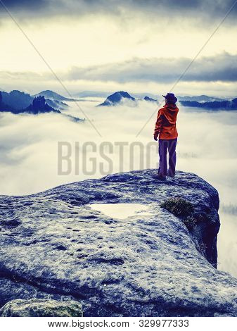Hiking In Saxony. Woman On Mountain Top Enjoying Scenic View And Sunset. Kleiner Winterberg Rock