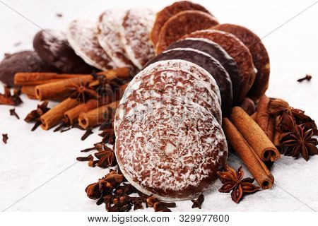 Typical German Gingerbreads Such As Lebkuchen And Aachener Printen On Rustic