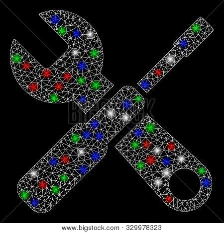 Bright Mesh Tuning Tools With Glow Effect. White Wire Frame Polygonal Mesh In Vector Format On A Bla