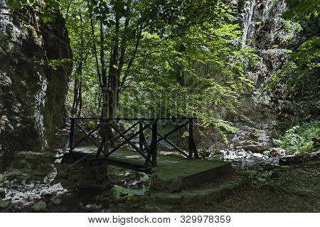 Summer Walk Through The Maze Of Teteven Balkan With High Peaks, River, Bridge And Mossy Steep Cliff,