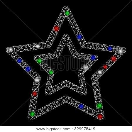 Bright Mesh Countour Stars With Lightspot Effect. White Wire Frame Triangular Network In Vector Form
