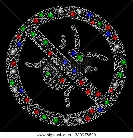 Bright Mesh Debugger With Lightspot Effect. White Wire Carcass Triangular Mesh In Vector Format On A