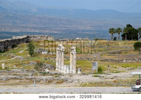 Antique Ruins And Limestone Blocks In Hierapolis, Turkey. Ancient Antique City.