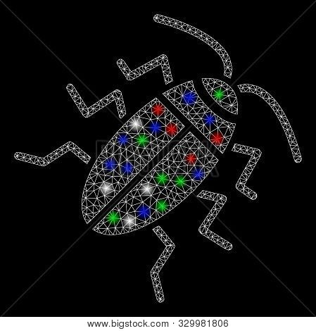 Bright Mesh Cucaracha With Glow Effect. White Wire Frame Triangular Network In Vector Format On A Bl