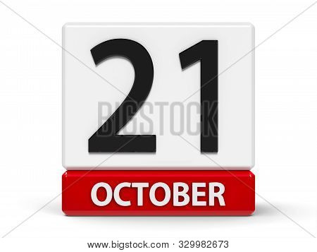 Red And White Calendar Icon From Cubes - The Twenty First Of October - On A White Table - Trafalgar 