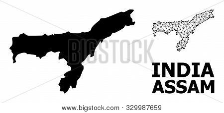 Solid And Mesh Vector Map Of Assam State. Linear Frame 2d Polygonal Mesh In Vector Format, Geographi
