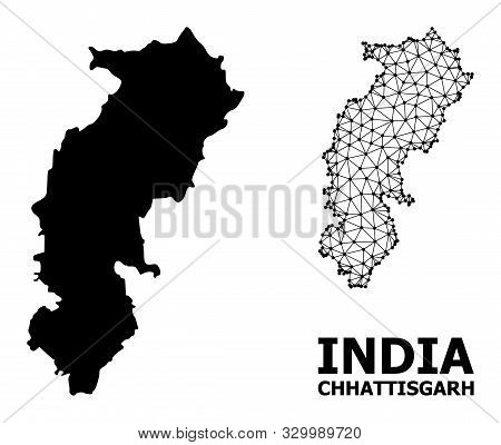 Solid And Mesh Vector Map Of Chhattisgarh State. Linear Frame Flat Polygonal Mesh In Eps Vector Form