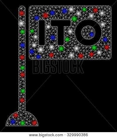 Bright Mesh Ito Rectange Flag With Glare Effect. White Wire Frame Triangular Mesh In Vector Format O