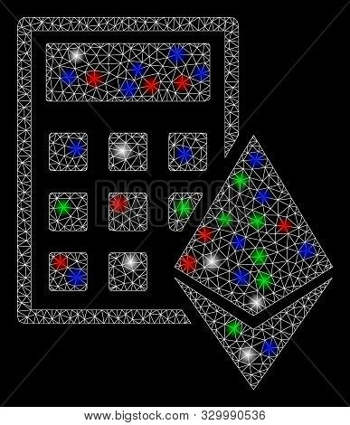 Bright Mesh Ethereum Calculator With Glare Effect. White Wire Frame Triangular Mesh In Vector Format