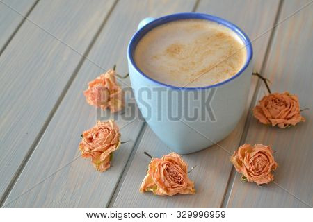 Coffee Cup And Dry Roses In Cremy Color On Blue Vintage Table, Provence Style