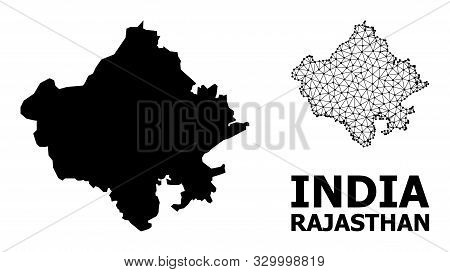 Solid And Mesh Vector Map Of Rajasthan State. Wire Carcass Flat Triangular Mesh In Vector Eps Format