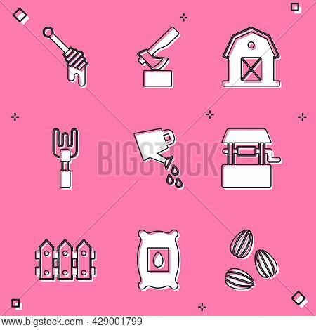 Set Honey Dipper Stick, Wooden Axe, Farm House, Garden Rake, Watering Can, Well, Fence Wooden And Pa