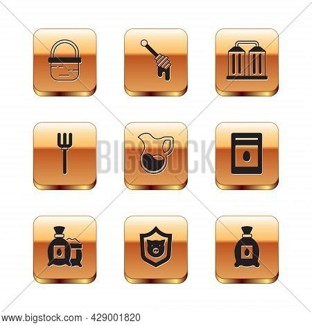 Set Basket, Pack Full Of Seeds Of Plant, Shield With Pig, Jug Glass Milk, Garden Pitchfork, Granary,