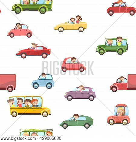 Children Drive Cars. Seamless Cartoon Pattern. Kids Motorists. Childrens Background Isolated. Variou