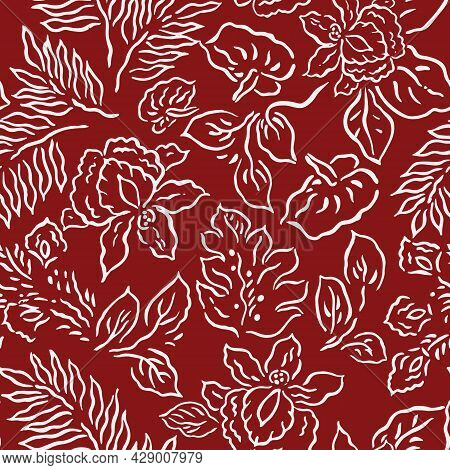 Tropical Floral Hawaiian Pattern Design With Repeat. Lily With Leaves.