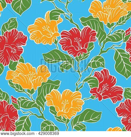 Tropical Hawaiian Pattern With Repeat With Hibiscus