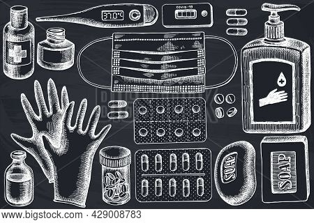 Vector Set Of Hand Drawn Chalk Pills And Medicines, Medical Face Mask, Sanitizer Bottles, Medical Th
