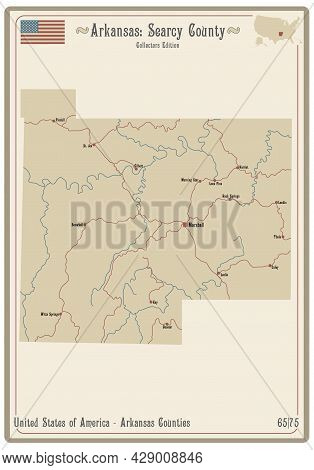 Map On An Old Playing Card Of Searcy County In Arkansas, Usa.