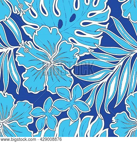 Tropical Floral Hawaiian Pattern Design With Repeat. Hibiscus With Leaves