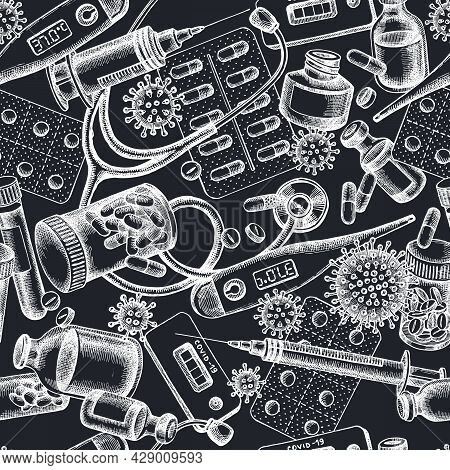 Seamless Pattern With Hand Drawn Chalk Vial Of Blood, Pills And Medicines, Medical Thermometer, Coro