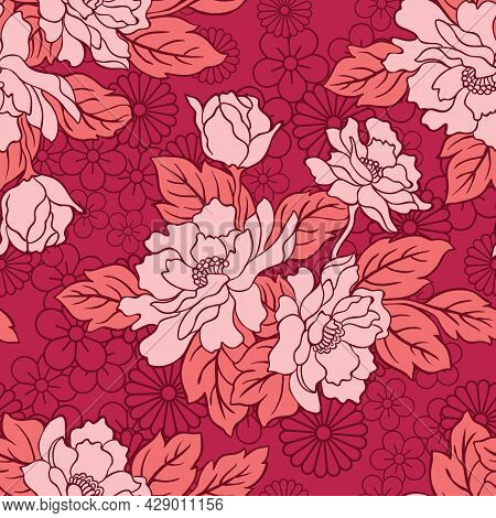 Tropical Hawaiian Pattern With Repeat Featuring Hibiscus And Leaves