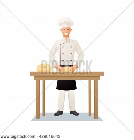 Preparation Of Pizza. The Cook Kneads The Dough.