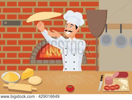 The Cook Prepares Pizza By Spinning The Dough.on The Table Are Ingredients For Pizza: Sausage, Chees