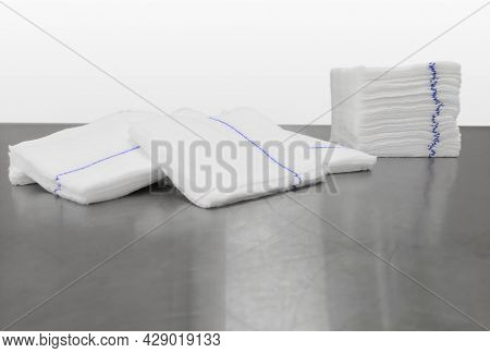 Closeup Image Of Raytec Blue Threaded Medical Surgical Gauze. Selective Focus