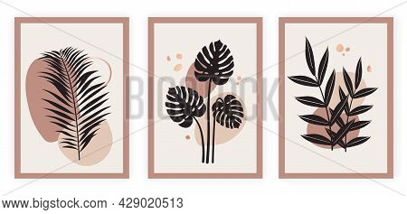 Abstract Organic Collection. Watercolor Geometric Shapes And Silhouettes Of Plant Leaves. Minimalist