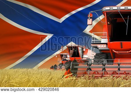 Industrial 3d Illustration Of 3 Red Modern Combine Harvesters With Novorossia Flag On Wheat Field - 