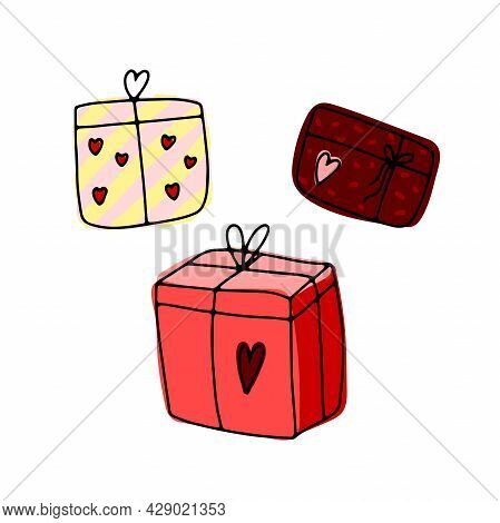 Cute Doodle Gifts Set. Hand-drawn Color Presents Isolated On White Background. Surprise In Heart Wra