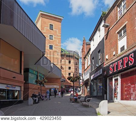 Rochdale, Greater Manchester, United Kingdom - 14 July 2021: People In The Pedestrian Center Of Roch