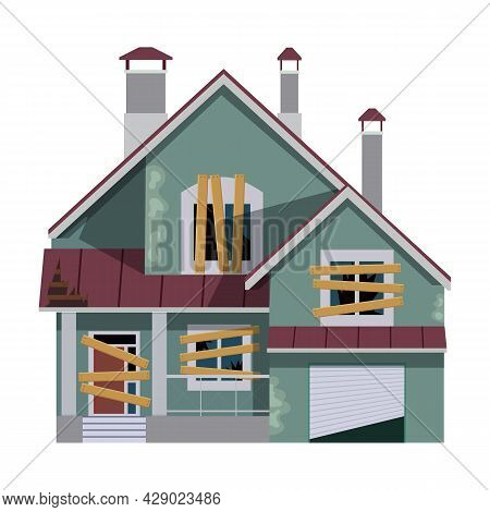 Old Abandoned House Cartoon. Decaying Suburban Cottage With Broken Windows. Vector Illustration In A