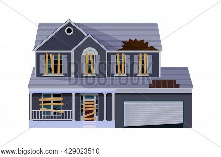 Old Abandoned House Cartoon. Decaying Suburban Cottage With Broken Windows. Vector Illustration In A