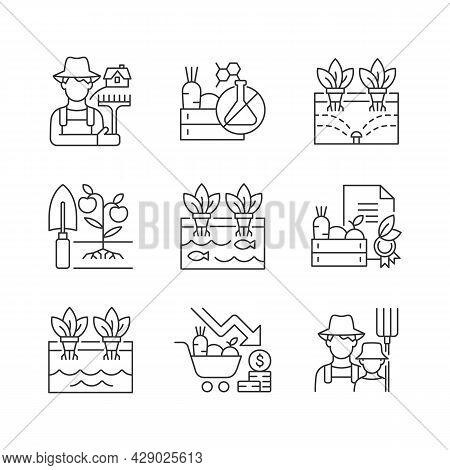 Farming Linear Icons Set. Agricultural Business. Rural Area. Crop Quality Control. Organic Products.