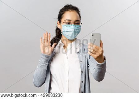 Covid19, Virus, Health And Medicine Concept. Young Asian Girl Getting Sick, Self-isolating At Home, 