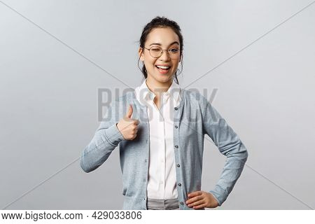 Advertisement, Education And People Concept. Girl Guarantee You Will Like Product. Potrait Of Lovely