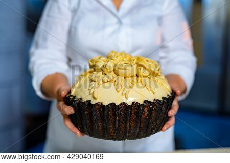 Fresh Delicious Cake In Female Baker Hands. Tasty Crusty Bakery Food.