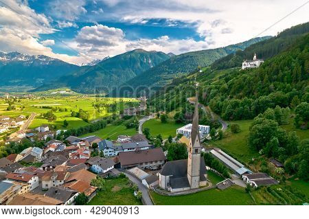 Alpine Village Of Burgeis And Historic Castles View, Trentino Alto Adige Region Of Italy