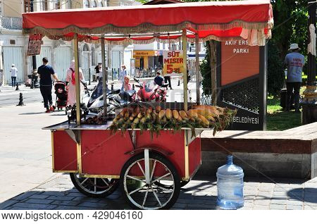Street Fast Food Shop On The Street Of Istanbul. Sale Of Corn And Chestnuts. The Price Is For Dairy 