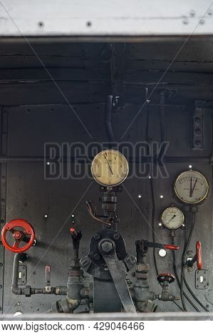 Neuf-brisach, France, June 27, 2021 : Dials Of An Old Locomotive. A Group Of Volunteers Regularly Op