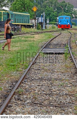 Neuf-brisach, France, June 27, 2021 : Crossing The Lines In Front Of Locomotives.