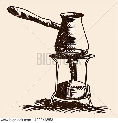 A Turk With Coffee Is Standing On A Primus Stove. Handmade Quick Sketch On A Beige Background.